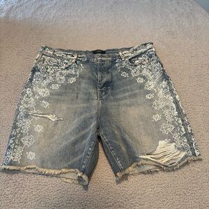 AMIRI - Straight-Leg Paisley-Print Distressed Denim Shorts - Blue Size 40 NWOT